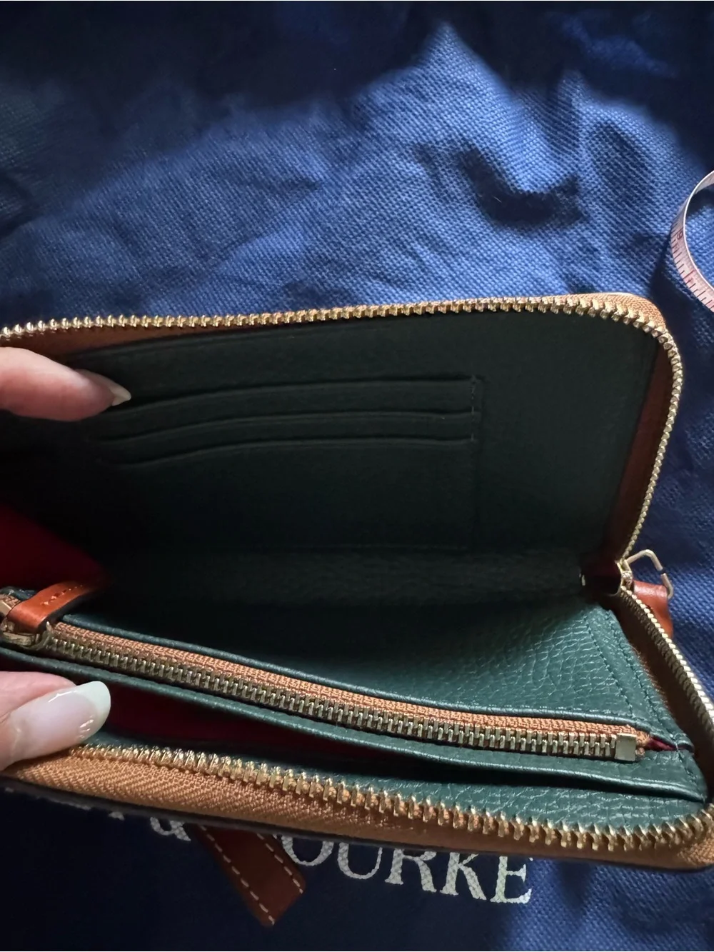 Dooney & Bourke Forest Green Pebbled Leather Wristlet with Tan Trim